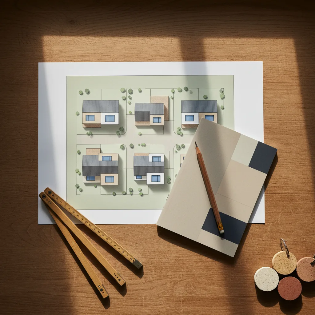 Architektonische Bauplan-Unterlagen mit Exposé-Broschüre auf einem Holzschreibtisch