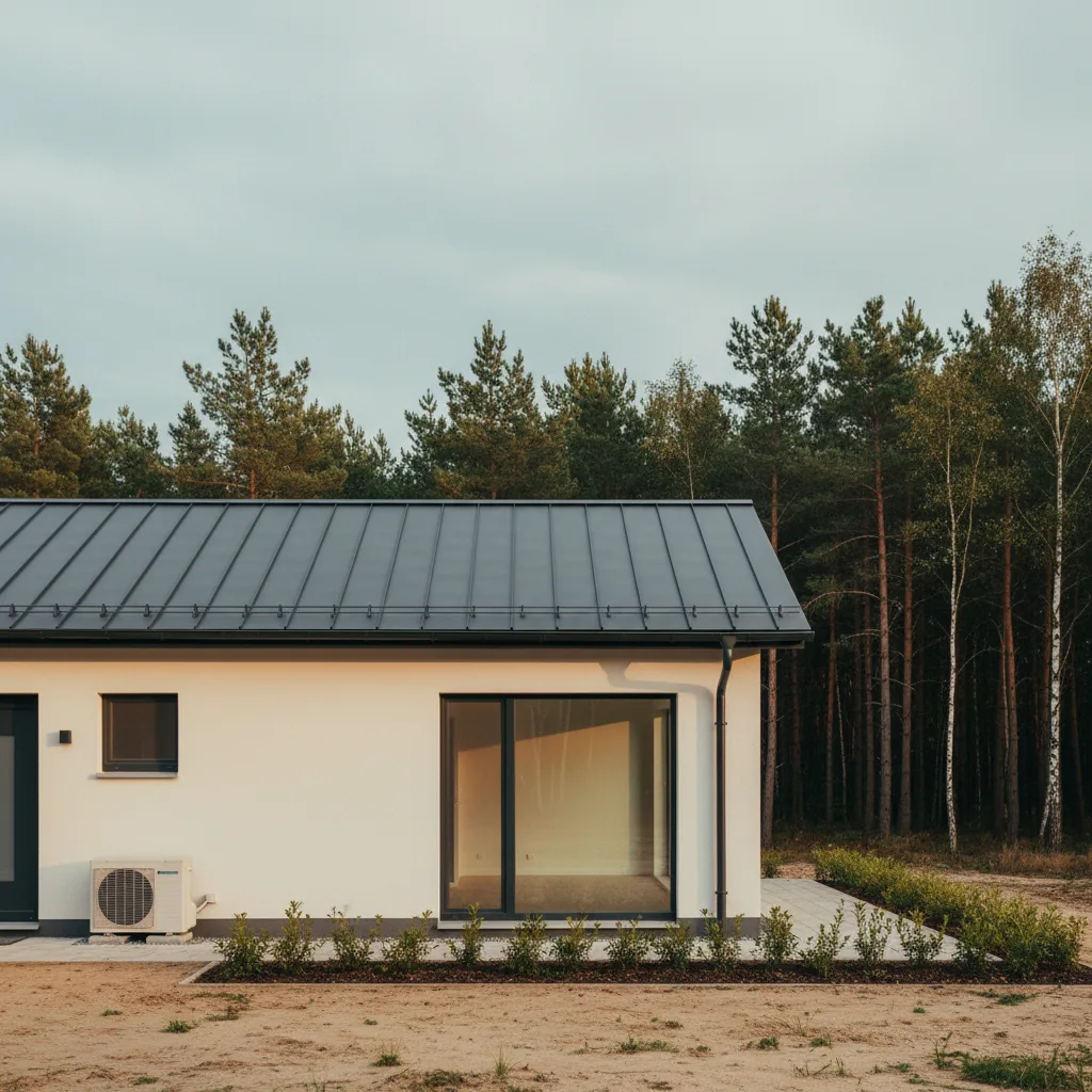 Modernes Einfamilienhaus mit Außeneinheit der Luft-Wasser-Wärmepumpe in Brandenburg
