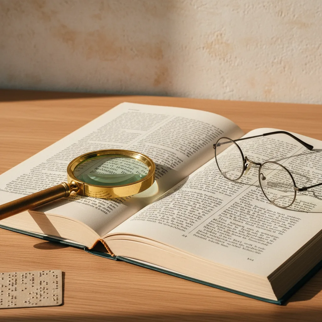 Großdruck-Buch mit Lupe und Brille — barrierefreie Lesehilfen
